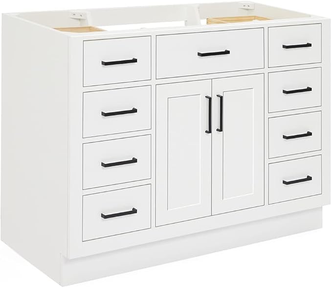 ARIEL Hepburn 48-inch Bathroom Vanity Base Cabinet,Solid Wood, 2 Soft Closing Doors, 9 Dovetail Drawers, White