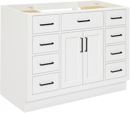 ARIEL Hepburn 48-inch Bathroom Vanity Base Cabinet,Solid Wood, 2 Soft Closing Doors, 9 Dovetail Drawers, White