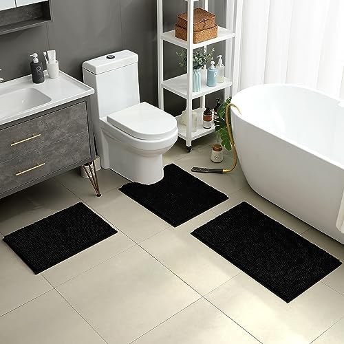 HOMEIDEAS Black Chenille Bathroom Rugs Set of 3, Non Slip Bath Mat