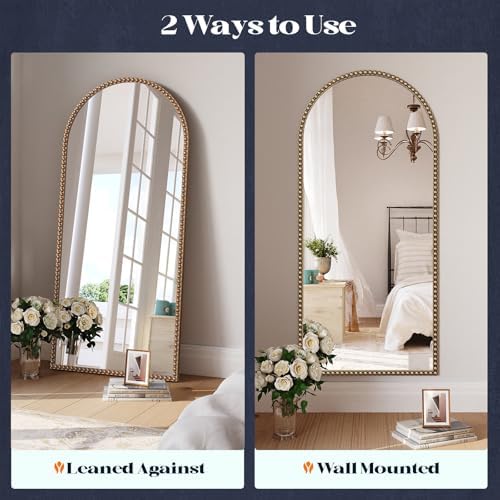 Arched Gold Antique Mirror with Beaded, 22"x48" Gold Arch Bathroom Vanity Mirror, Retro Brass Metal Frame Decorative Mirror for Bedroom Dressing Room Entryway Fireplace