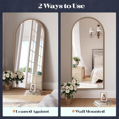 Arched Gold Antique Mirror with Beaded, 22"x48" Gold Arch Bathroom Vanity Mirror, Retro Brass Metal Frame Decorative Mirror for Bedroom Dressing Room Entryway Fireplace