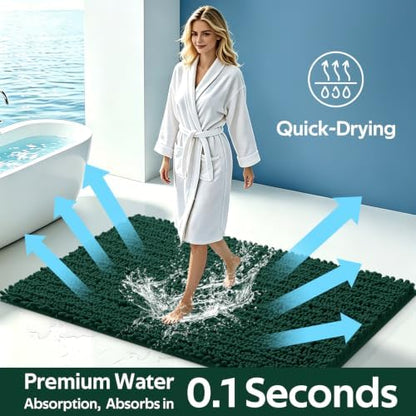 ACCUMTEK Upgrade Luxury 2 Piece Deep Green Toilet Bathroom Rug Mat 32"x20"+24"x17", Ultra Soft Thick Absorbent Bath Mats, Non Slip Chenille Toilet Mat for Bathroom, Bedroom, Kitchen, Shower, Tub