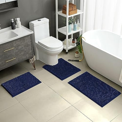 HOMEIDEAS Navy Blue Chenille Bathroom Rugs Set of 3, Non Slip Bath Mat