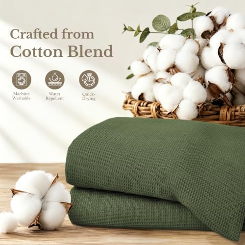 LXBNI Green Waffle Shower Curtain, Cotton Blend with Metal Hooks, 72x72