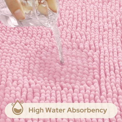 HOMEIDEAS Light Pink Chenille Bathroom Rugs Set of 3, Non Slip Bath Mat