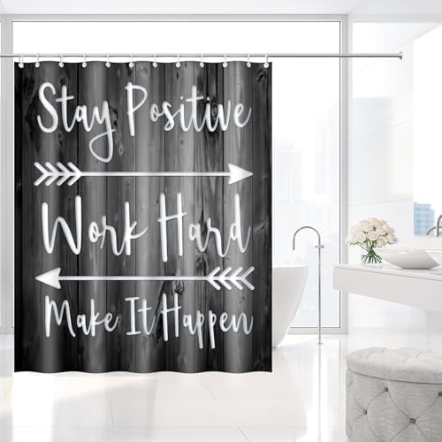 Stay Positive Work Hard Rustic Wood Shower Curtain with Hooks 72 x 72 Inch