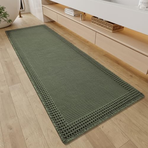 RESARE Waffle Bathroom Runner Rugs, Non Slip Boho Bath Mat 24"x60" Green