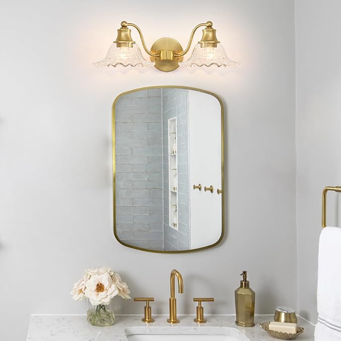 Bright Brushed Gold Bathroom Vanity Light Vintage Style, E26 Easy Mounted | Vanity Light with Flower Glass Shades, 18" Wide Bathroom Lighting Over Mirror, Easy Mounted for Bathroom, Bedroom, Hallway