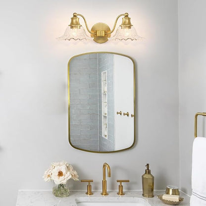 Bright Brushed Gold Bathroom Vanity Light Vintage Style, E26 Easy Mounted | Vanity Light with Flower Glass Shades, 18" Wide Bathroom Lighting Over Mirror, Easy Mounted for Bathroom, Bedroom, Hallway