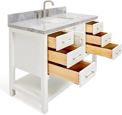 Olivia 48-Inch White Bathroom Vanity with Sink, 1.5" Edge Italian Carrara Marble Countertop & Backsplash, Rectangular Undermount Sink, 2 Soft Closing Doors, 6 Dovetail Drawers, Brushed Nickel