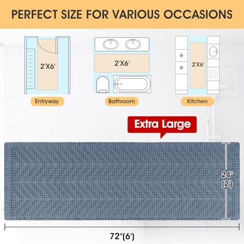 IM HOME Extra Large Waffle Bath Mat, Boho Bathroom Rugs Absorbent Non Slip, Ultra Soft Bathroom Mat, Machine Washable Knit Bath Rugs with Herringbones for Bathroom,Bedroom,Kitchen,Shower,6'x2', Blue