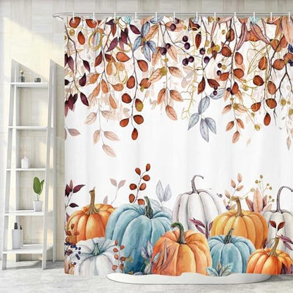Fall Pumpkin Shower Curtain, Thanksgiving Autumn Harvest Leaves Watercolor Seasonal Decor Bathroom Curtains, Waterproof Fabric Polyester with Hooks, 72x72 Inch