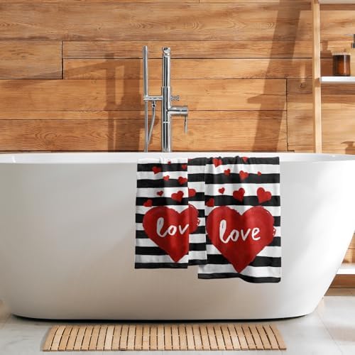 Red Love Heart Hand Towel Set of 2 for Kitchen Bathroom,Black White Stripe Valentine's Day Absorbent Towel Fingertip Face Towels 14x28 Holiday Wedding Anniversary Decor
