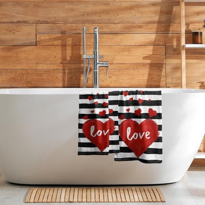 Red Love Heart Hand Towel Set of 2 for Kitchen Bathroom,Black White Stripe Valentine's Day Absorbent Towel Fingertip Face Towels 14x28 Holiday Wedding Anniversary Decor