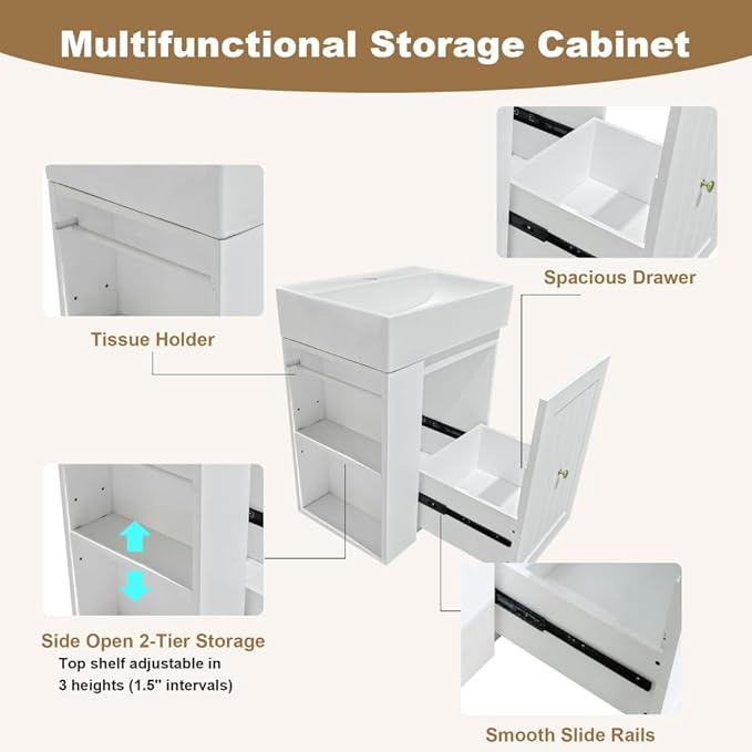 20" Floating Small Bathroom Vanity with Sink, Wall Mounted Vanity for Compact Bathrooms, Space-Saving Narrow Bathroom Vanities with Soft-Close Drawer Open Shelf Towel Bar (White,20" Floating Drawer)