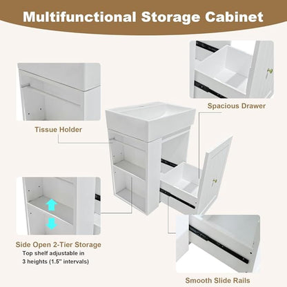 20" Floating Small Bathroom Vanity with Sink, Wall Mounted Vanity for Compact Bathrooms, Space-Saving Narrow Bathroom Vanities with Soft-Close Drawer Open Shelf Towel Bar (White,20" Floating Drawer)