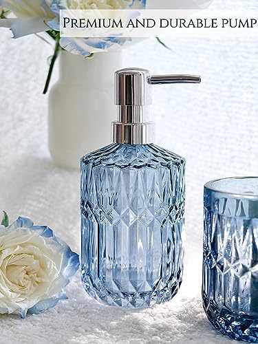 LaMarriti Blue Bathroom Accessories Set, 5Pcs Clear Glass Bathroom Accessories, Hand Soap Dispenser, Soap Dish, Toothbrush Holder Set, Qtips Holder for Crystal Vintage Bath Countertop Decor, Gift Set