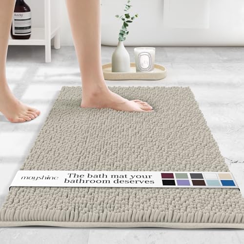 MAYSHINE Extra-Large Plush Shaggy Chenille Bath Mat, 47"x 27", Extra Soft, Super Absorbent, Non-Slip Bathroom Rug, Fluffy Microfiber, Area Rug Sets for Bathroom Floor, Kitchen, Living Room, Wax White