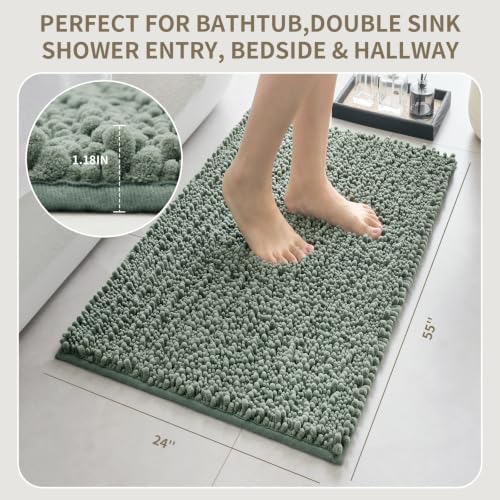 Bathroom Rugs Non Slip Washable 55x24, Extra Thick Soft Chenille Absorbent Bath Mat, High Density Barrier Non Slip Backing, Quick Dry Plush Shaggy Floor Carpet for Tub&Shower, Sage Green