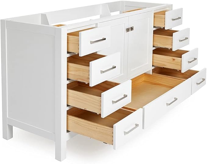 ARIEL Cambridge 60-inch Bathroom Vanity Base Cabinet,Solid Wood, 2 Soft Closing Doors, 9 Dovetail Drawers, White