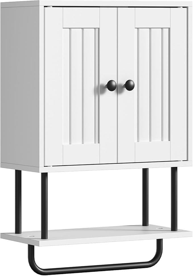 HOOBRO Bathroom Wall Cabinet, Modern Medicine Cabinet with Open and Adjustable Shelf, Over The Toilet Storage Cabinet with Towel Bar, Wall Mounted Organizer for Bathroom, Kitchen, White and Black