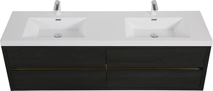 72" Wall-Mounted Bathroom Vanity with 2 Sinks, Floating Storage Cabinet with Stone Resin Countertop, 4 Soft Close Drawers, Espresso Wood Finish, Pre-Assembled Base