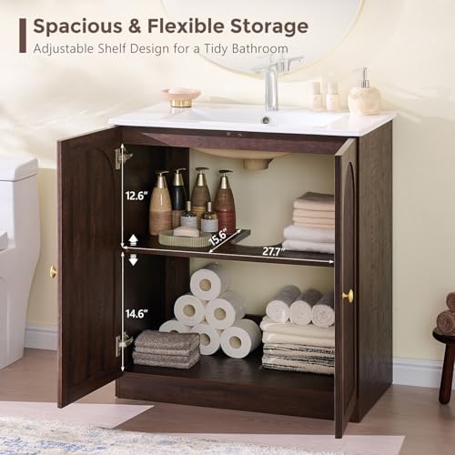 IFBUY 30 Inch Arched Bathroom Vanity with Sink, Fluted Design, Dark Walnut