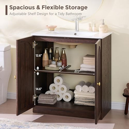 IFBUY 30 Inch Arched Bathroom Vanity with Sink, Fluted Design, Dark Walnut