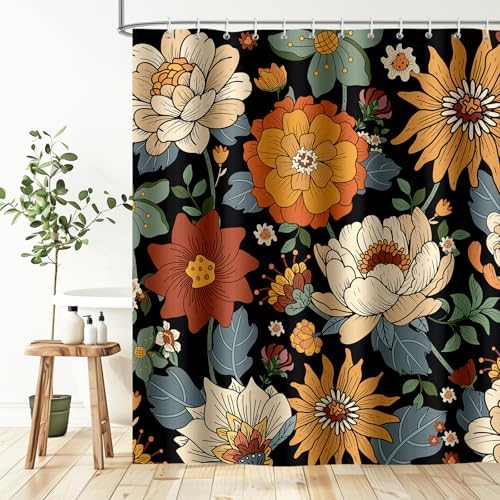 Black Boho Floral Shower Curtain for Bathroom 72 x 72 inch