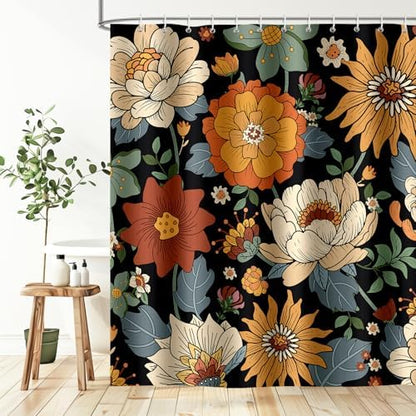 Black Boho Floral Shower Curtain for Bathroom 72 x 72 inch