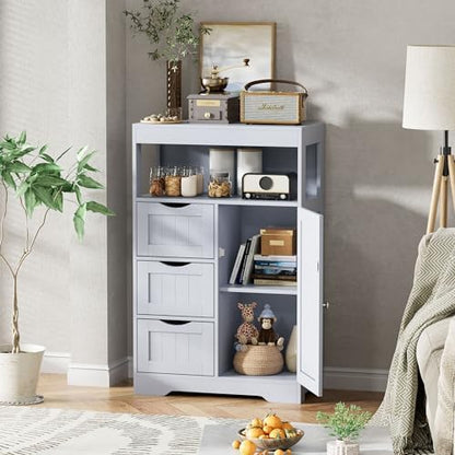 JUMMICO Bathroom Floor Cabinet, Wooden Free-Standing Storage Organizer with 1 Door and 3 Drawers, Bathroom Storage Cabinet for Living Room/Kitchen/Hallway/Home Office (Grey, 3 Drawers)