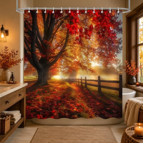 Red Maple Forest Shower Curtain, 72 x 78 Inch Waterproof Polyester Fall Landscape Bathroom Curtain, Autumn Tree Sunrise Woodland Bath Curtain for Tub Decor