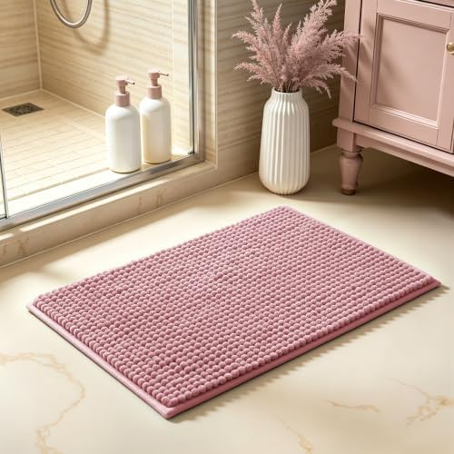 SUBRTEX Bathroom Rugs, 20" x 32" Chenille Bath Rug Soft Short Plush Bath Mat Soft Shower Mat Water Absorbent Shower Mat Quick Dry Machine Washable, Pink