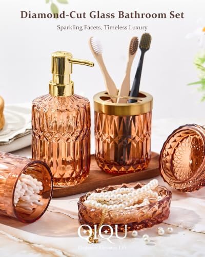 Bathroom Accessories Set, 5Pcs Clear Glass Bathroom Accessories, Soap Dispenser, Soap Dish, Toothbrush Holder Set, Tumbler, Qtips Holder for Vintage Crystal Bath Decor (Amber)