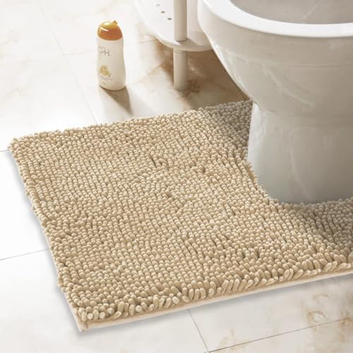 ITSOFT Standard 24"x21" U-Shaped Non-Slip Shaggy Chenille Toilet Contour Bathroom Rug with Water Absorbent, Beige