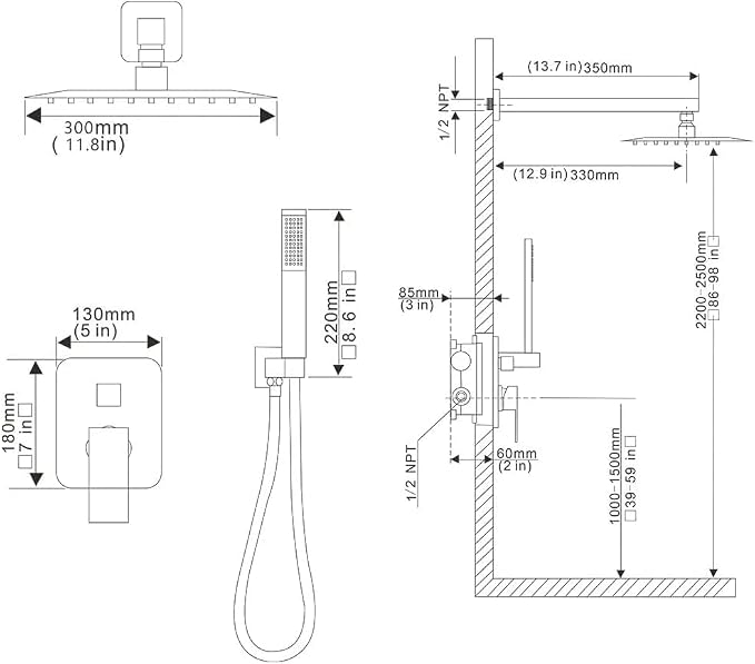 Matte Black Shower System 12 Inches Bathroom Luxury Rain Shower Head with Handheld Combo Set Wall Mounted High Pressure Rainfall Shower Head System Shower Faucet with Valve and Trim Kit