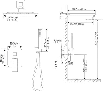 Matte Black Shower System 12 Inches Bathroom Luxury Rain Shower Head with Handheld Combo Set Wall Mounted High Pressure Rainfall Shower Head System Shower Faucet with Valve and Trim Kit