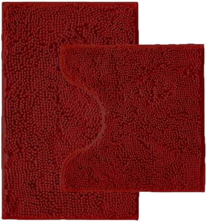 Bathroom Rugs Sets 2 Piece,Super Absorbent Chenille Bath Mats and U-Shaped Toilet Rug,Strong PVC Non Slip Backing,Microfiber Washable Dry Quickly Bath Mats for Bathroom(20"x32"+20"x20"U,Dark Red)