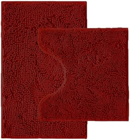 Bathroom Rugs Sets 2 Piece,Super Absorbent Chenille Bath Mats and U-Shaped Toilet Rug,Strong PVC Non Slip Backing,Microfiber Washable Dry Quickly Bath Mats for Bathroom(20"x32"+20"x20"U,Dark Red)