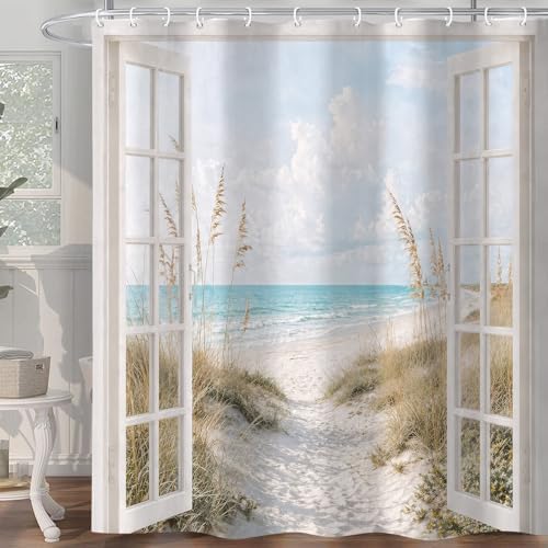 Beach Shower Curtain, Rustic Country Coastal Ocean Decor Bathroom Curtains, Seaside Scenery Waterproof Polyester Fabric Shower Curtain with Hooks 72x72 Inch