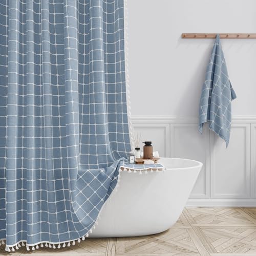 BTTN 54x72 Boho Farmhouse Linen Heavy Duty Fabric Shower Curtain Set, Blue