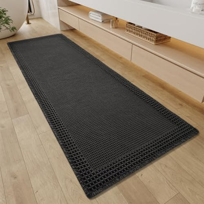 RESARE Waffle Bathroom Runner Rugs, Non Slip Boho Bath Mat 24"x60" Black