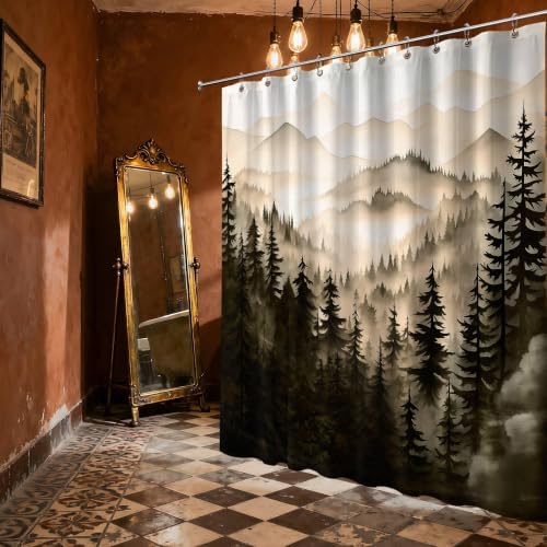 Dark Brown Forest Shower Curtain, 60X72 in, Mountain Pine Tree Bronze