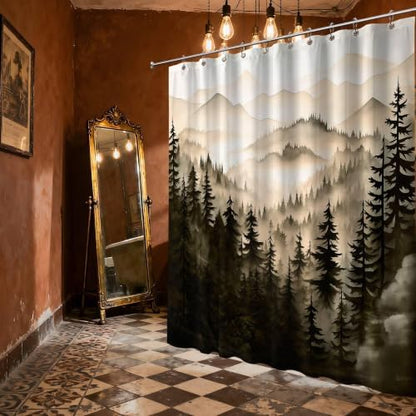 Dark Brown Forest Shower Curtain, 60X72 in, Mountain Pine Tree Bronze