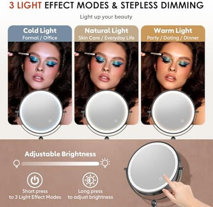ZLOKLA 9" Wall Mounted Lighted Makeup Mirror,4000mAh Rechargeable Double Sided 1X/20X Magnifying Mirror with Light,Touch Dimmable,Extended Arm 360 Rotation Wall Mounted Makeup Mirror 3 Color Lights-B