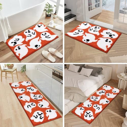 Pauwer Halloween Bathroom Rugs Sets 3 Piece, Fall Bath Mats, Orange Ghost