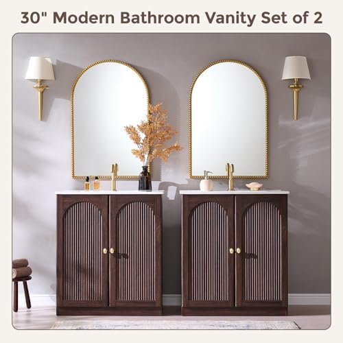 IFBUY 30 Inch Arched Bathroom Vanity with Sink, Fluted Design, Dark Walnut