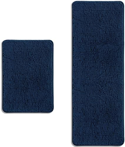Bathroom Rugs Sets 2 Piece – Absorbent and Washable Bath Mat, Non-Slip, Thick Soft Chenille Bath Rugs for Bathroom Floor, Shower, Sink(17" x 24"+17" x 47", Navy Blue)