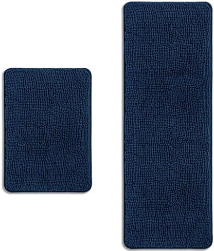 Bathroom Rugs Sets 2 Piece – Absorbent and Washable Bath Mat, Non-Slip, Thick Soft Chenille Bath Rugs for Bathroom Floor, Shower, Sink(17" x 24"+17" x 47", Navy Blue)