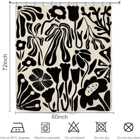 Black Off White Matisse Flower Art Shower Curtain 60Wx72L Inch Abstract Vintage Botanical Blossom Minimalist Neutral Wildflower Bathroom Set Accessories Decor with 12 Pack Hooks